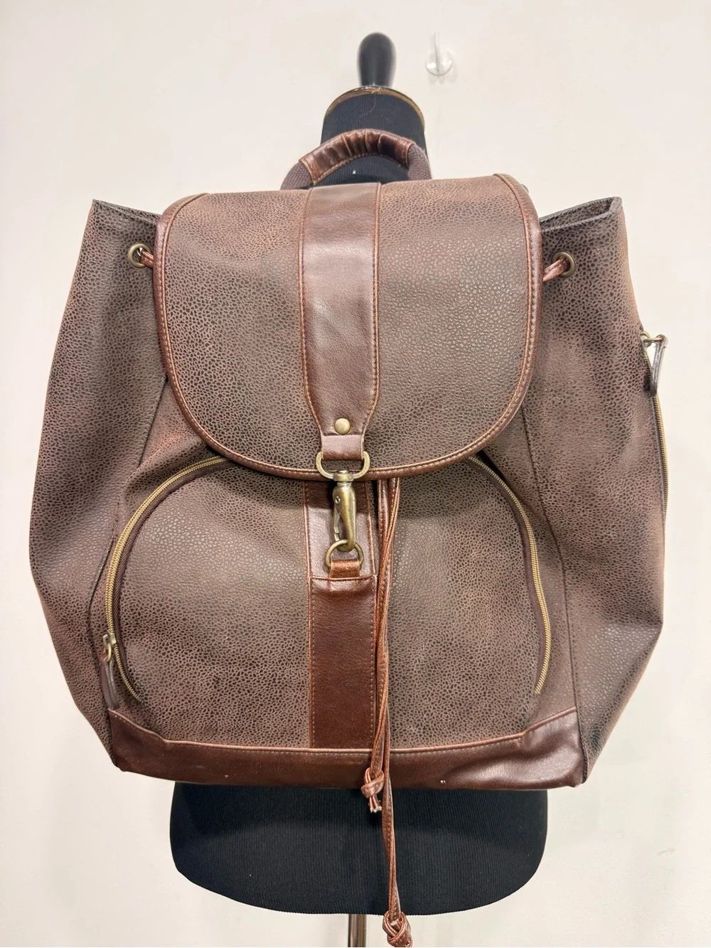 Dark Brown Pebbled Faux Leather Cinch Drawstring Backpack